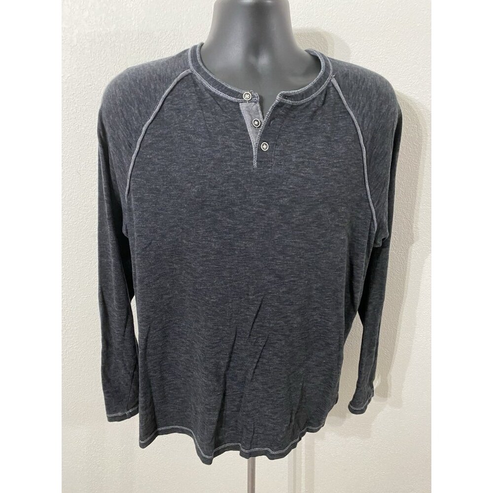 Rown Mens Size Large Pullover  Henley Top Long Sleeve Black Gray Trim